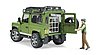 Land Rover Defender with forest ranger and dog