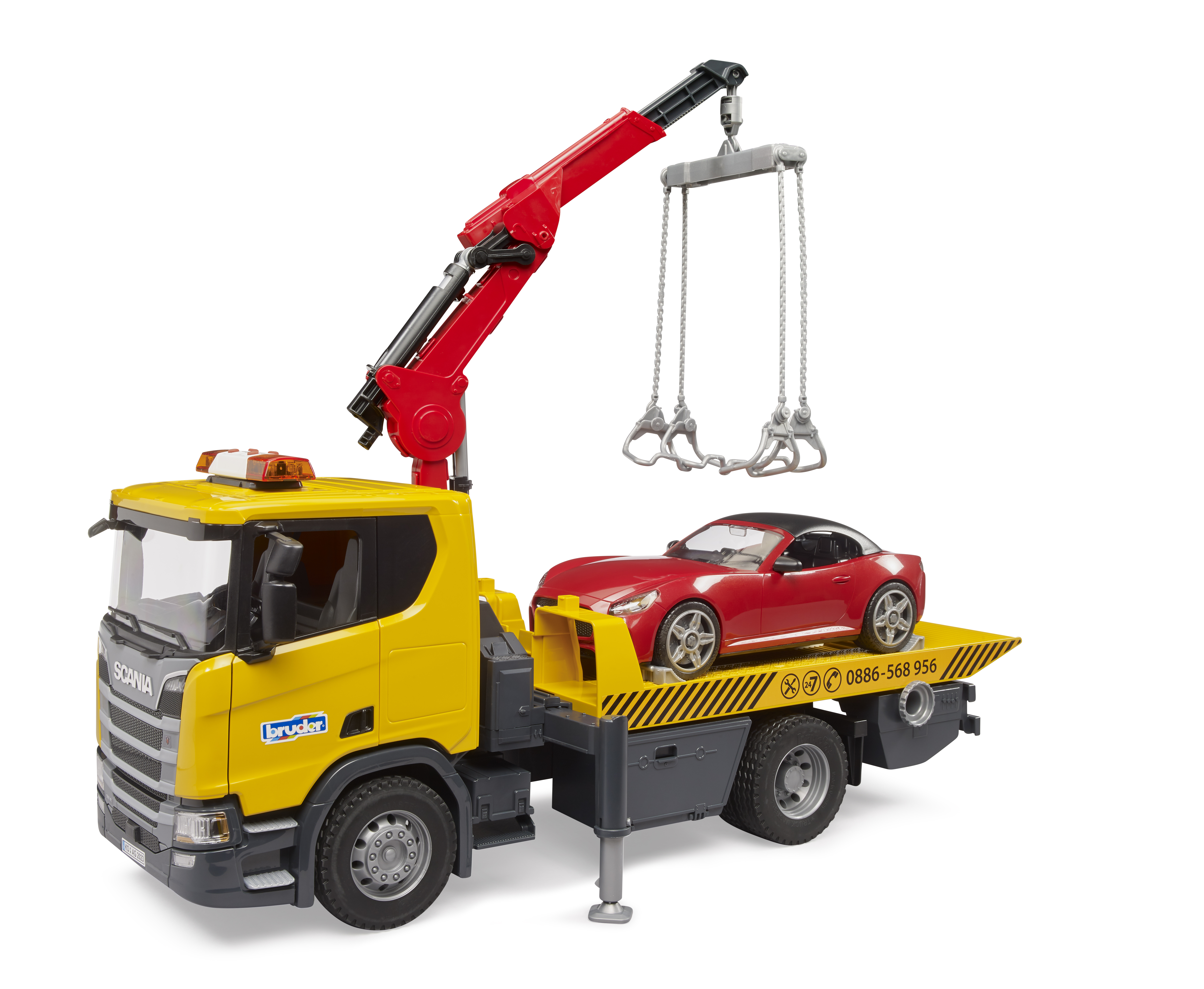 Scania Super 560R Abschlepp-LKW mit Light & Sound Modul und BRUDER Roadster Scania Super 560R Abschlepp-LKW mit Light & Sound Modul und BRUDER Roadster