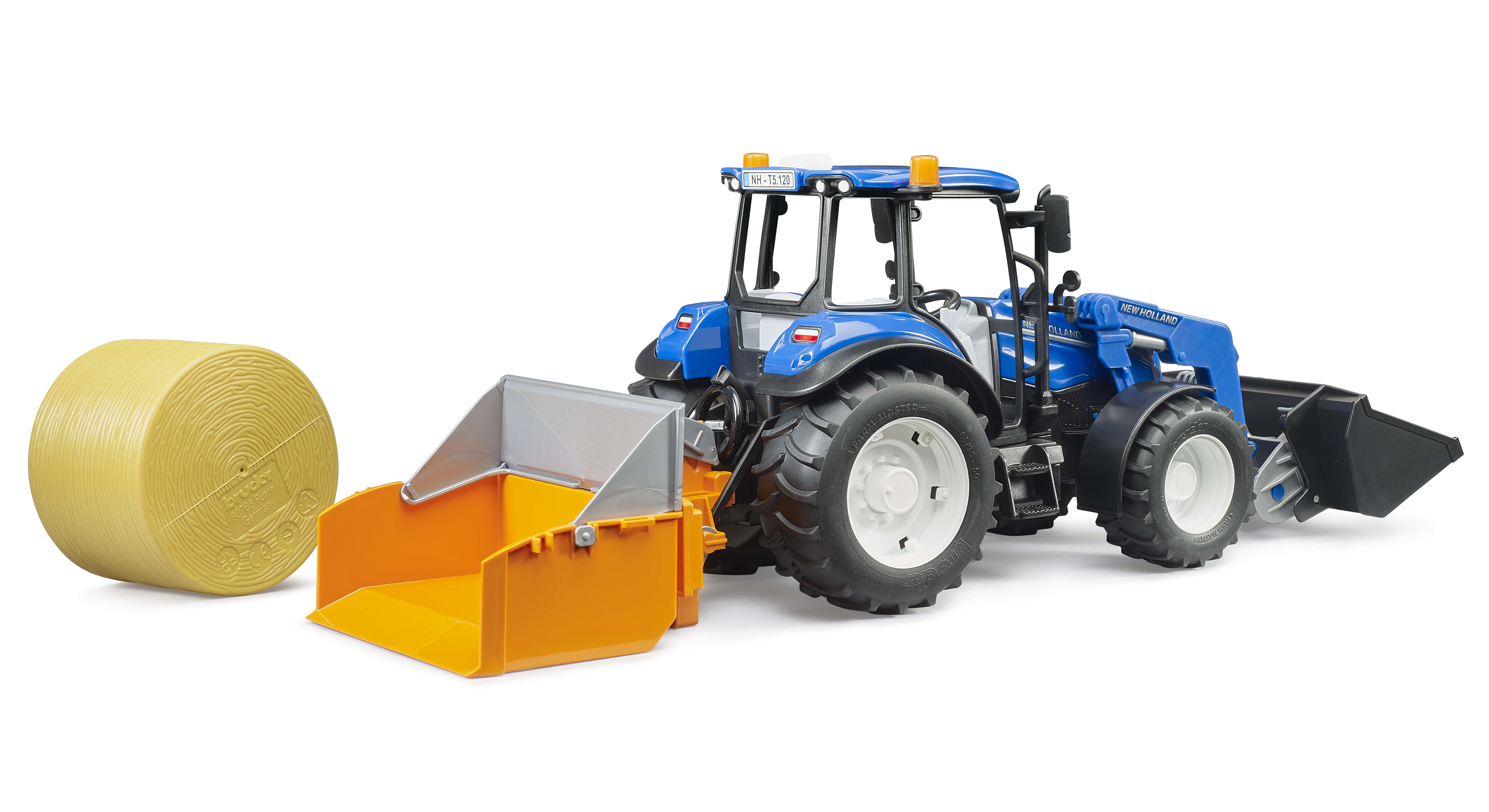 New Holland T5.120 con cargador frontal, caja de carga y horquillas