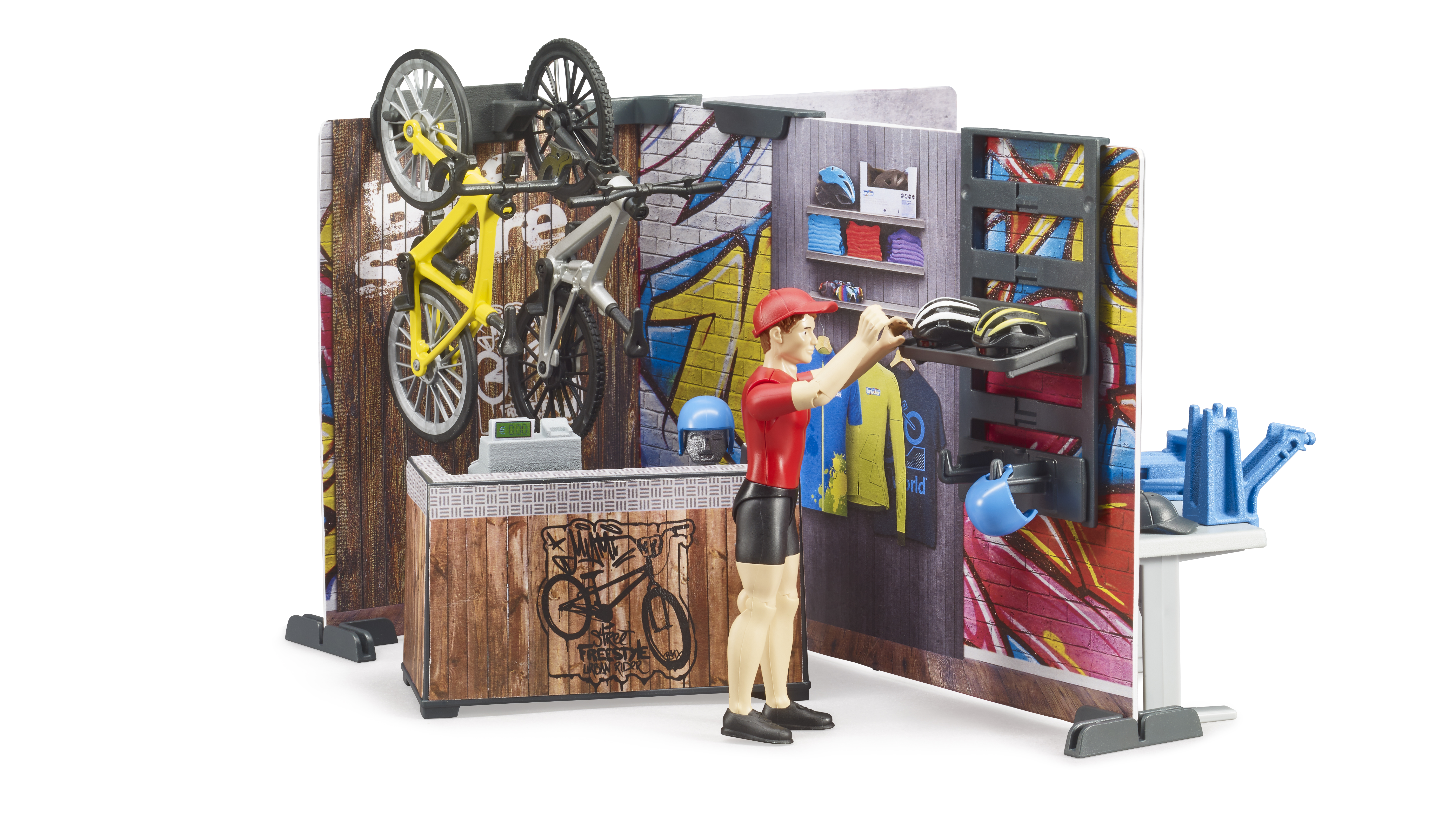 bworld Fahrrad Shop und Werkstatt mit Figur und Fahrräder