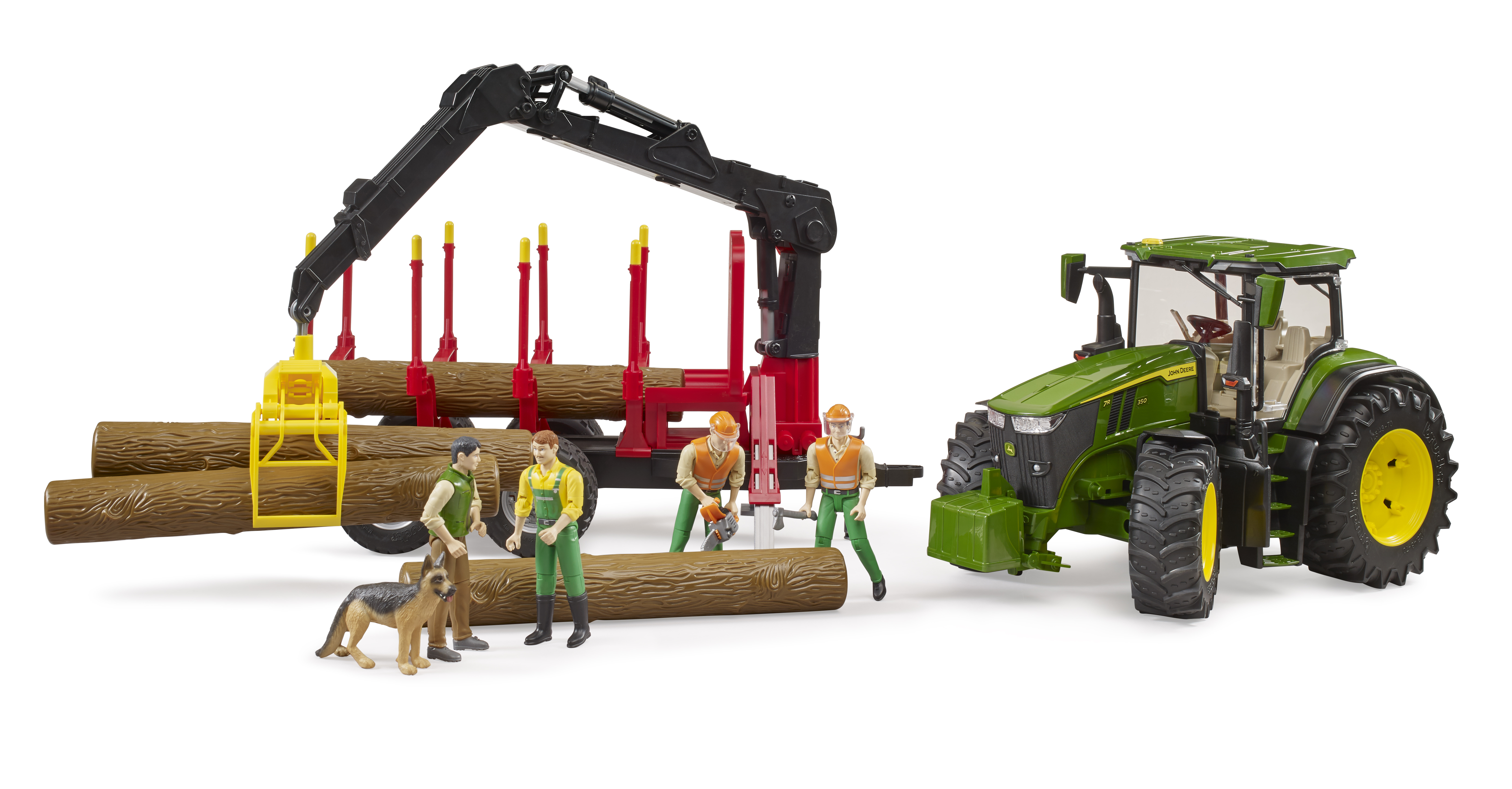 John Deere 7R con rimorchio forestale e 4 tronchi