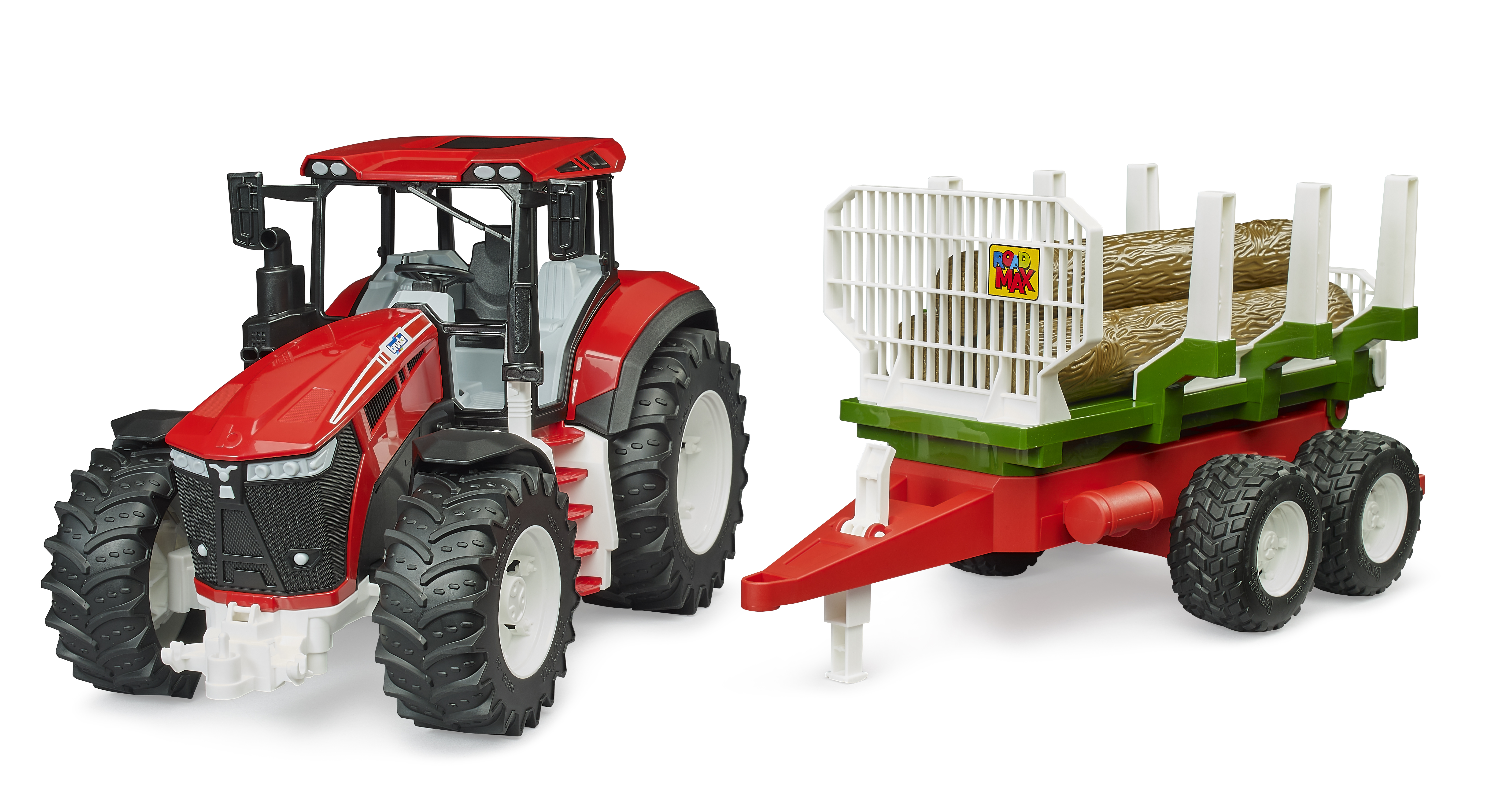 Trattore ROADMAX con rimorchio forestale e 3 tronchi