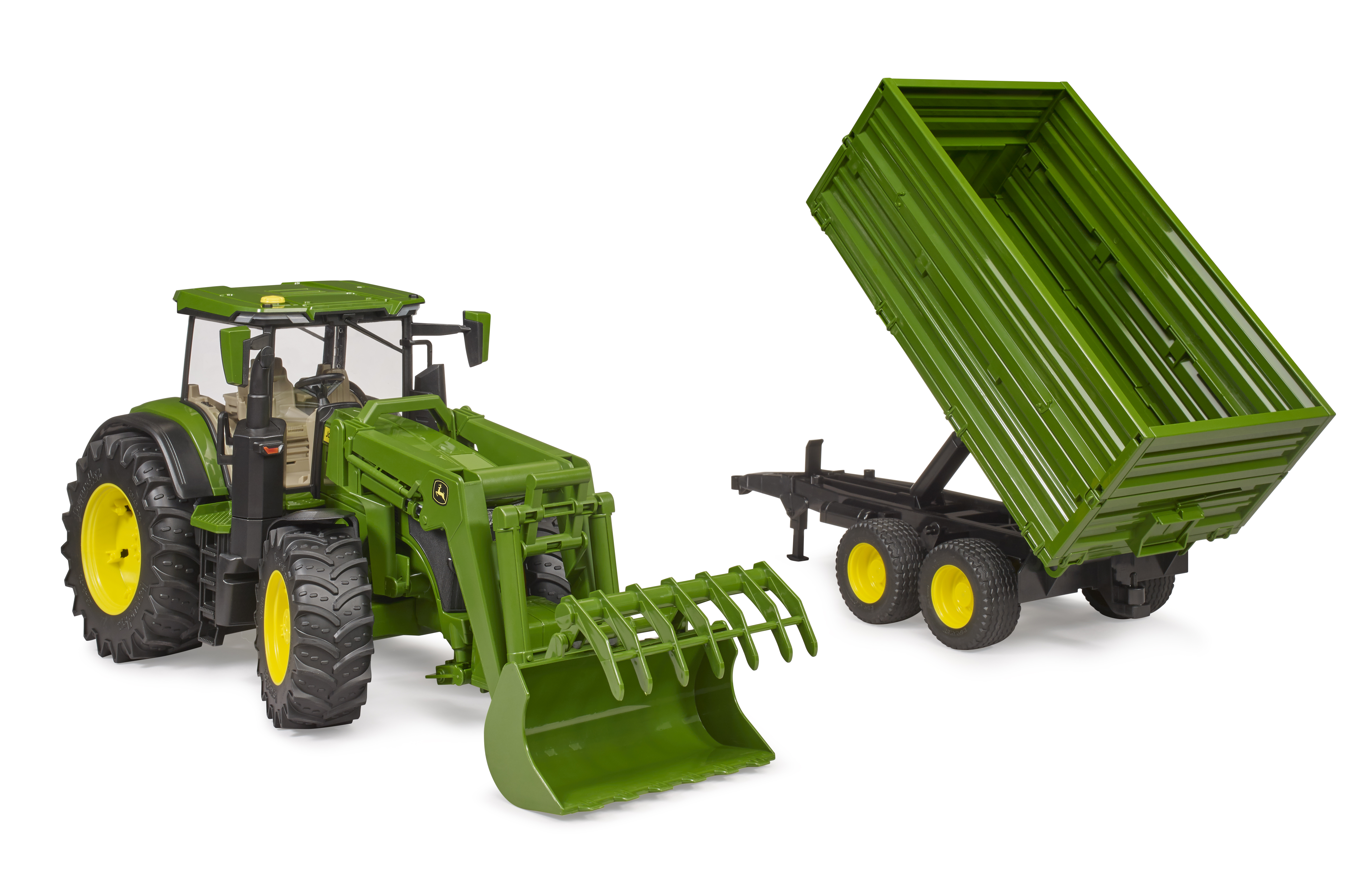 John Deere 7R 350 mit Frontlader und Tandemachstransportanhänger John Deere 7R 350 mit Frontlader und Tandemachstransportanhänger