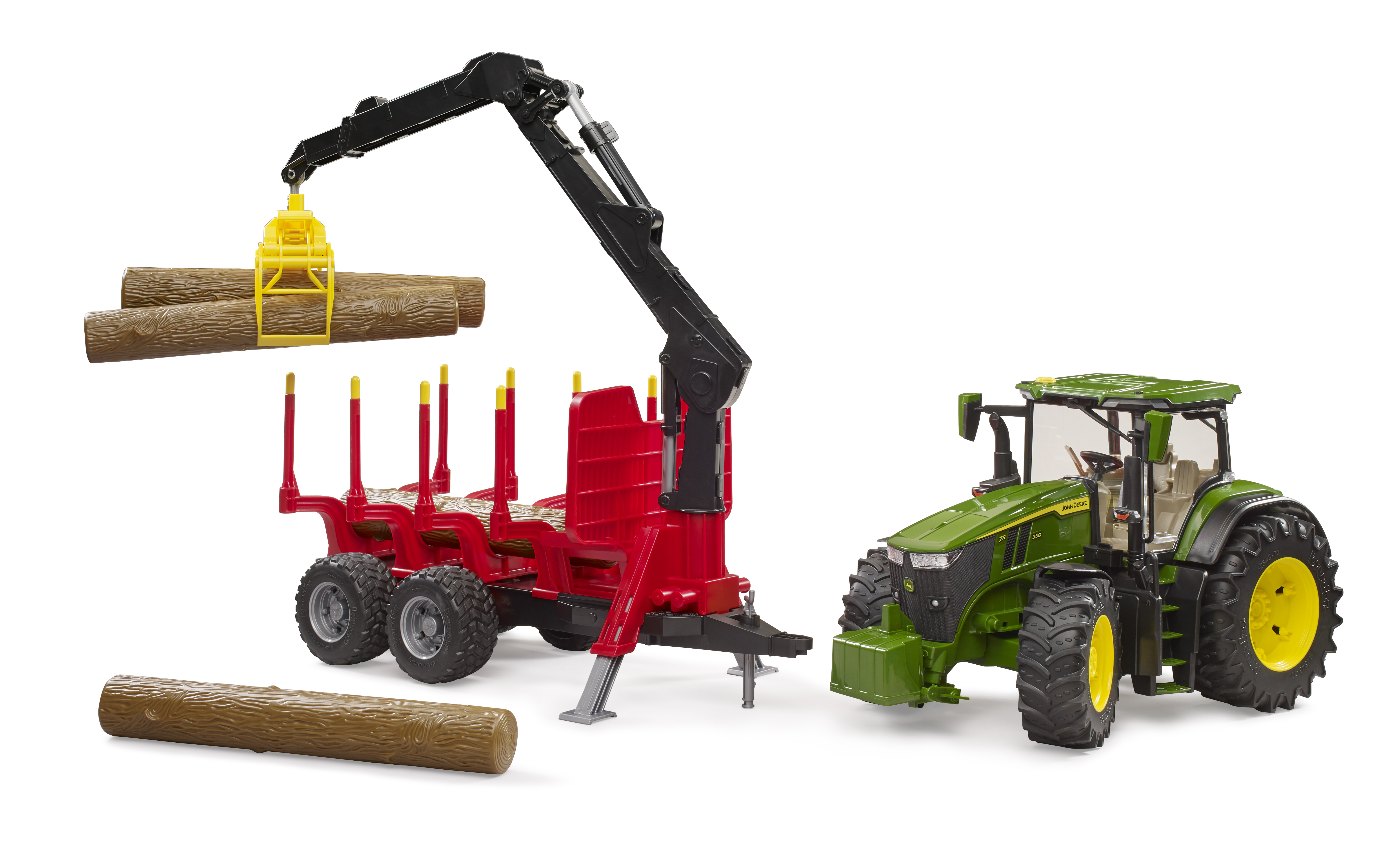 John Deere 7R con rimorchio forestale e 4 tronchi John Deere 7R con rimorchio forestale e 4 tronchi