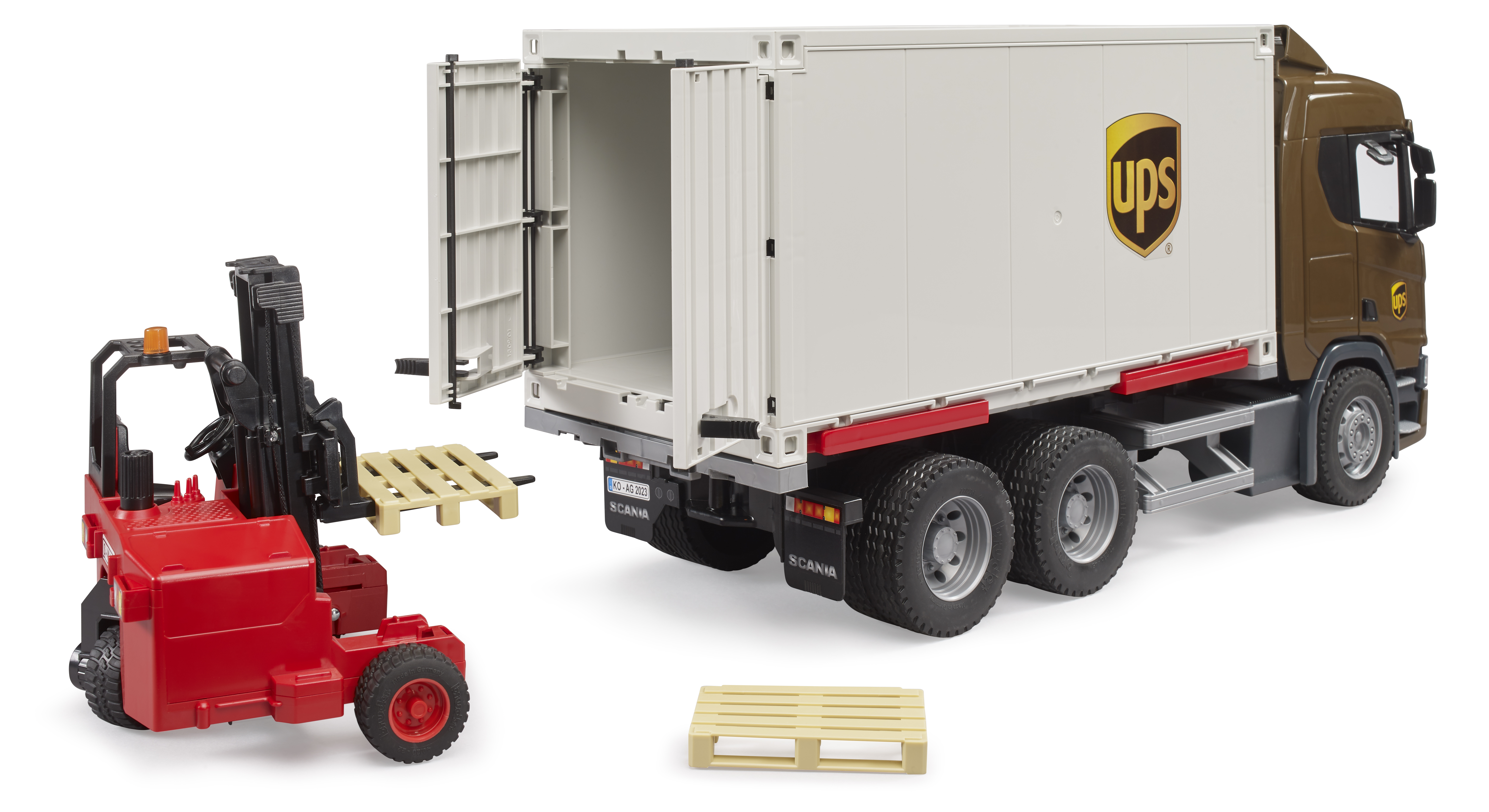 Scania Super 560R UPS Logistik-LKW mit Mitnahmestapler Scania Super 560R UPS Logistik-LKW mit Mitnahmestapler