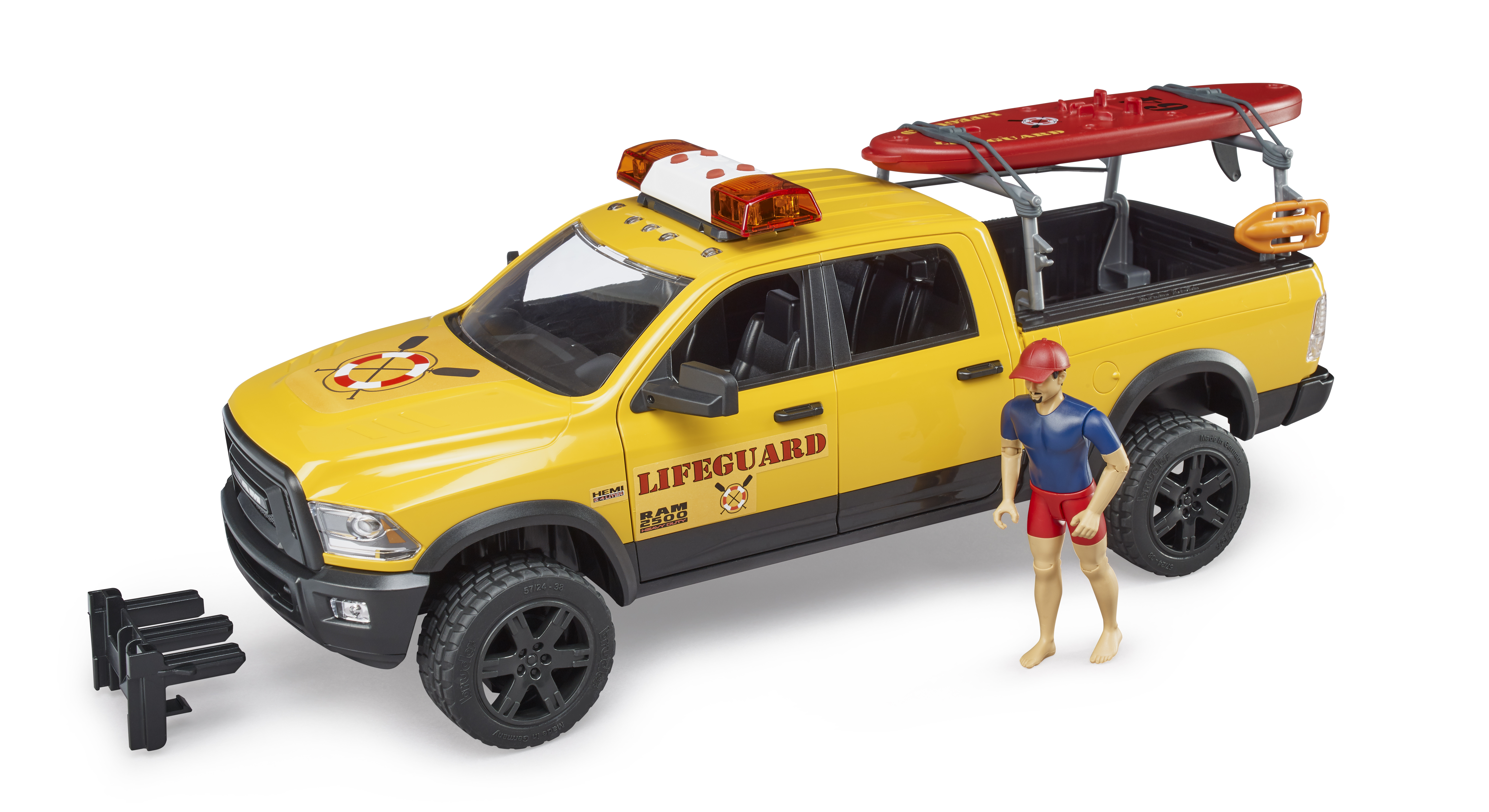 02506yeNztUnqS2wlA RAM 2500 Power Wagon Life Guard mit Figur, Stand Up Paddle und Light & Sound Modul