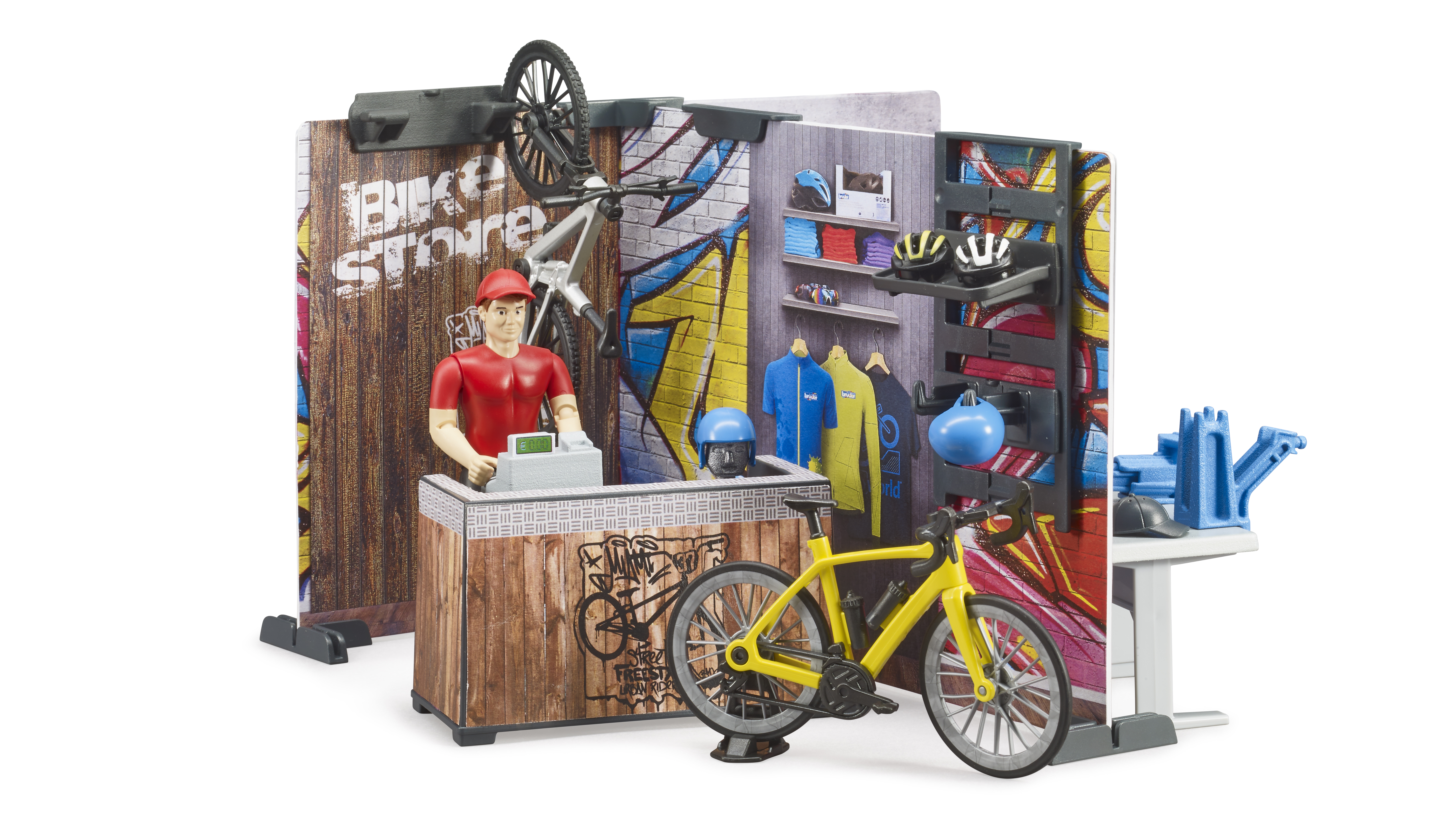 bworld Fahrrad Shop und Werkstatt mit Figur und Fahrräder