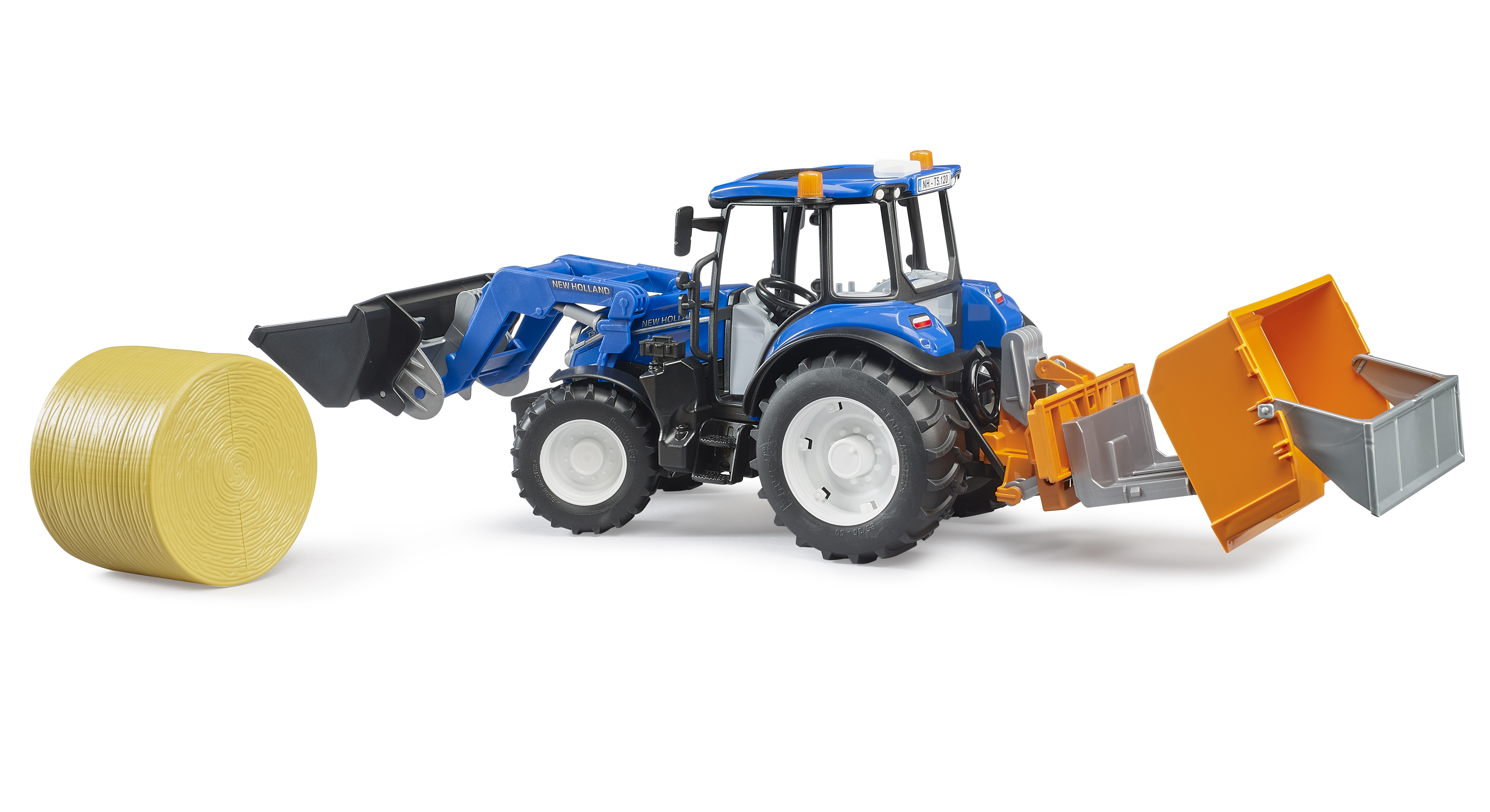 New Holland T5.120 con cargador frontal, caja de carga y horquillas