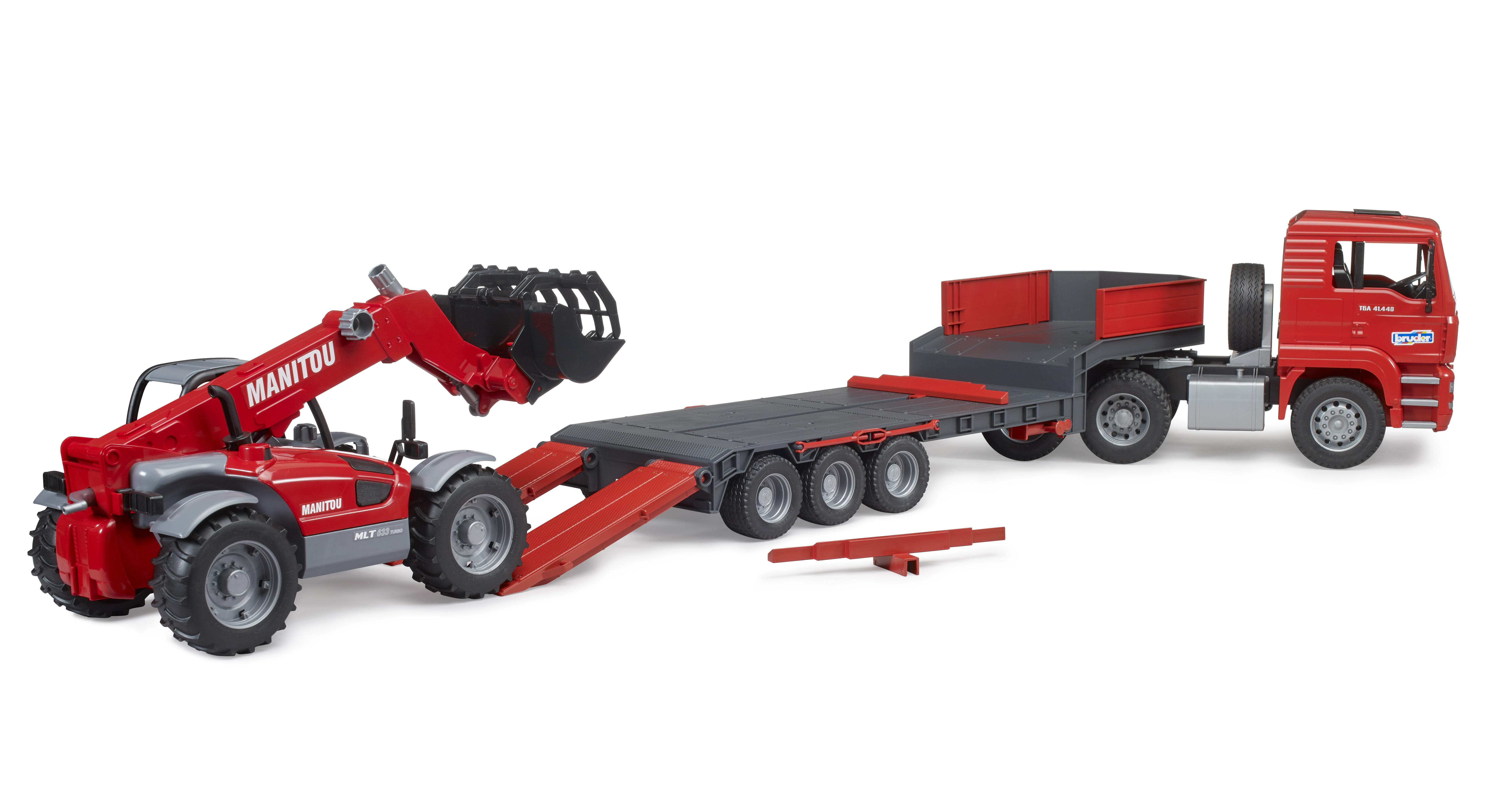 Camion MAN TGA con rimorchio a pianale ribassato e caricatore telescopico Manitou