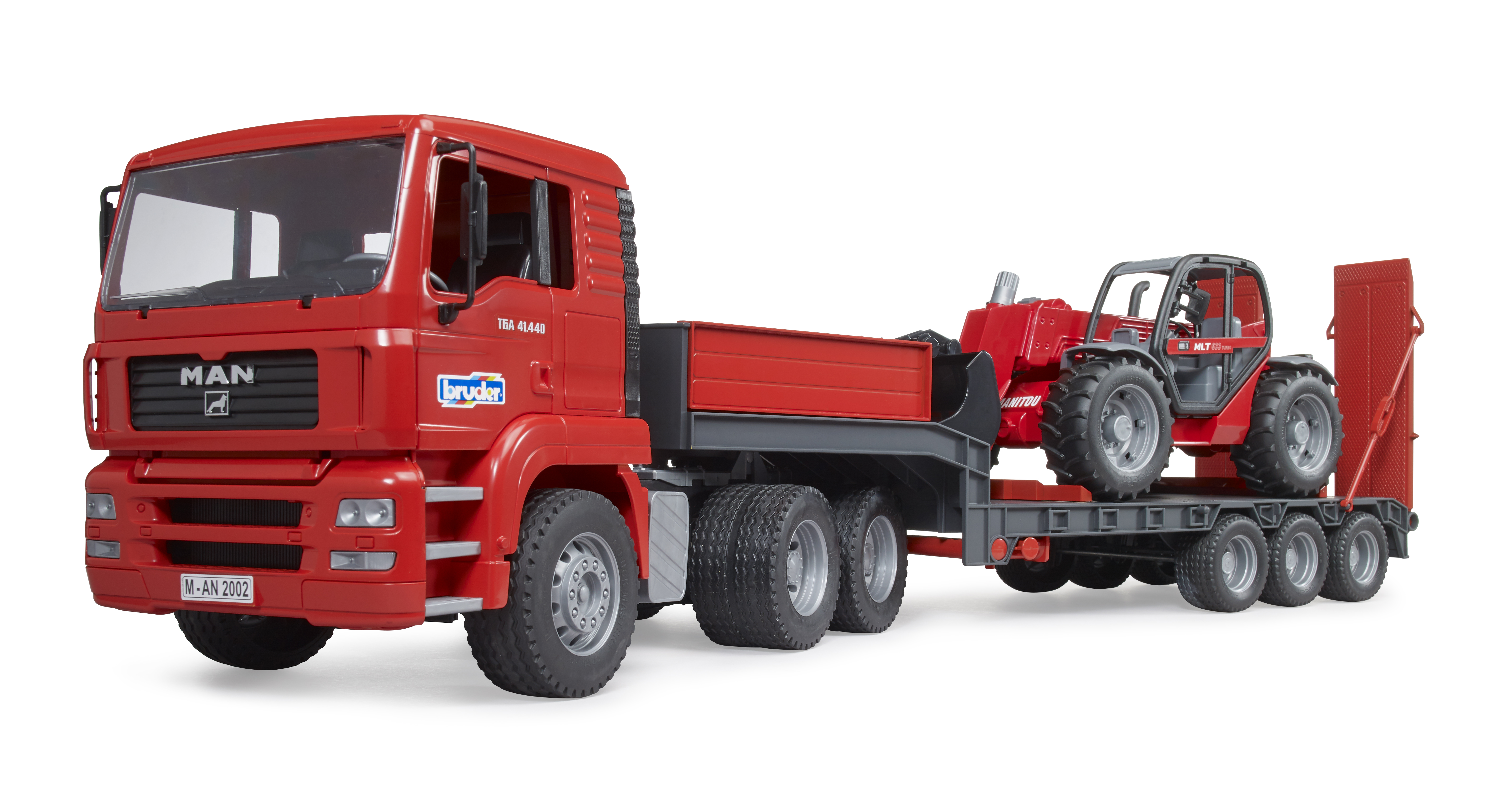 Camion MAN TGA con rimorchio a pianale ribassato e caricatore telescopico Manitou
