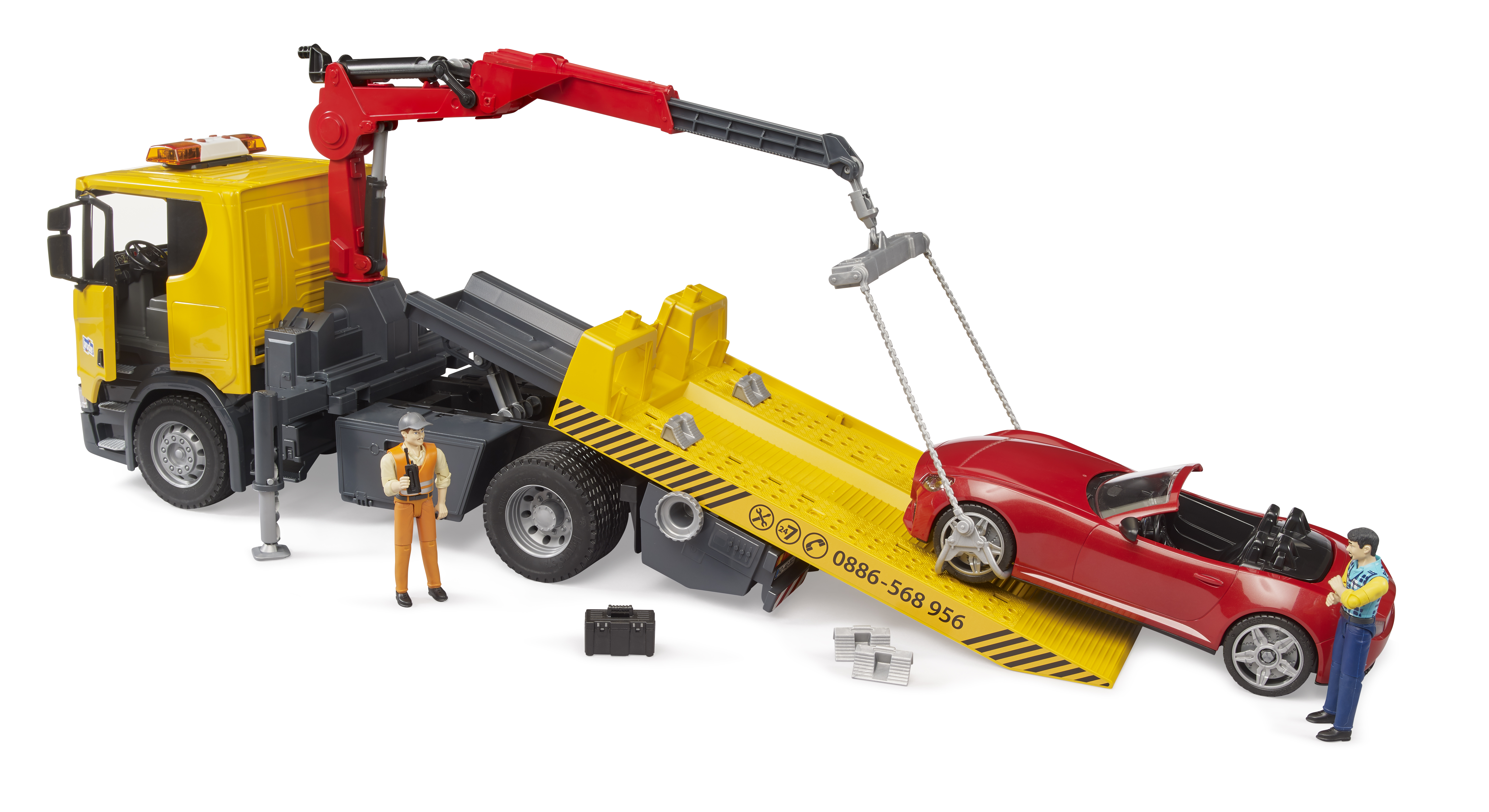 Scania Super 560R Abschlepp-LKW mit Light & Sound Modul und BRUDER Roadster Scania Super 560R Abschlepp-LKW mit Light & Sound Modul und BRUDER Roadster