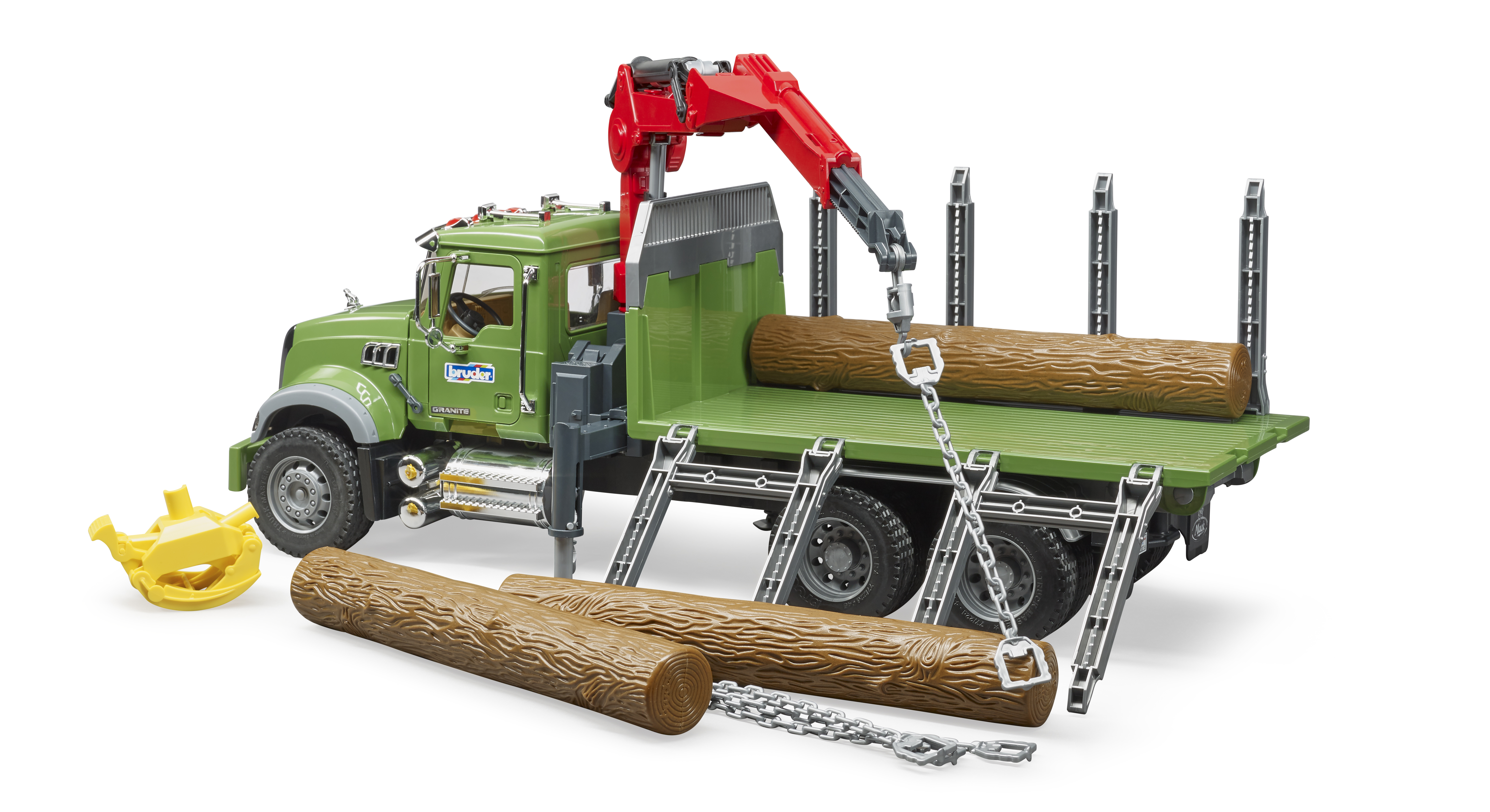 MACK Granite Holztransport-LKW mit Ladekran, Greifer und 3 Baumstämmen MACK Granite Holztransport-LKW mit Ladekran, Greifer und 3 Baumstämmen