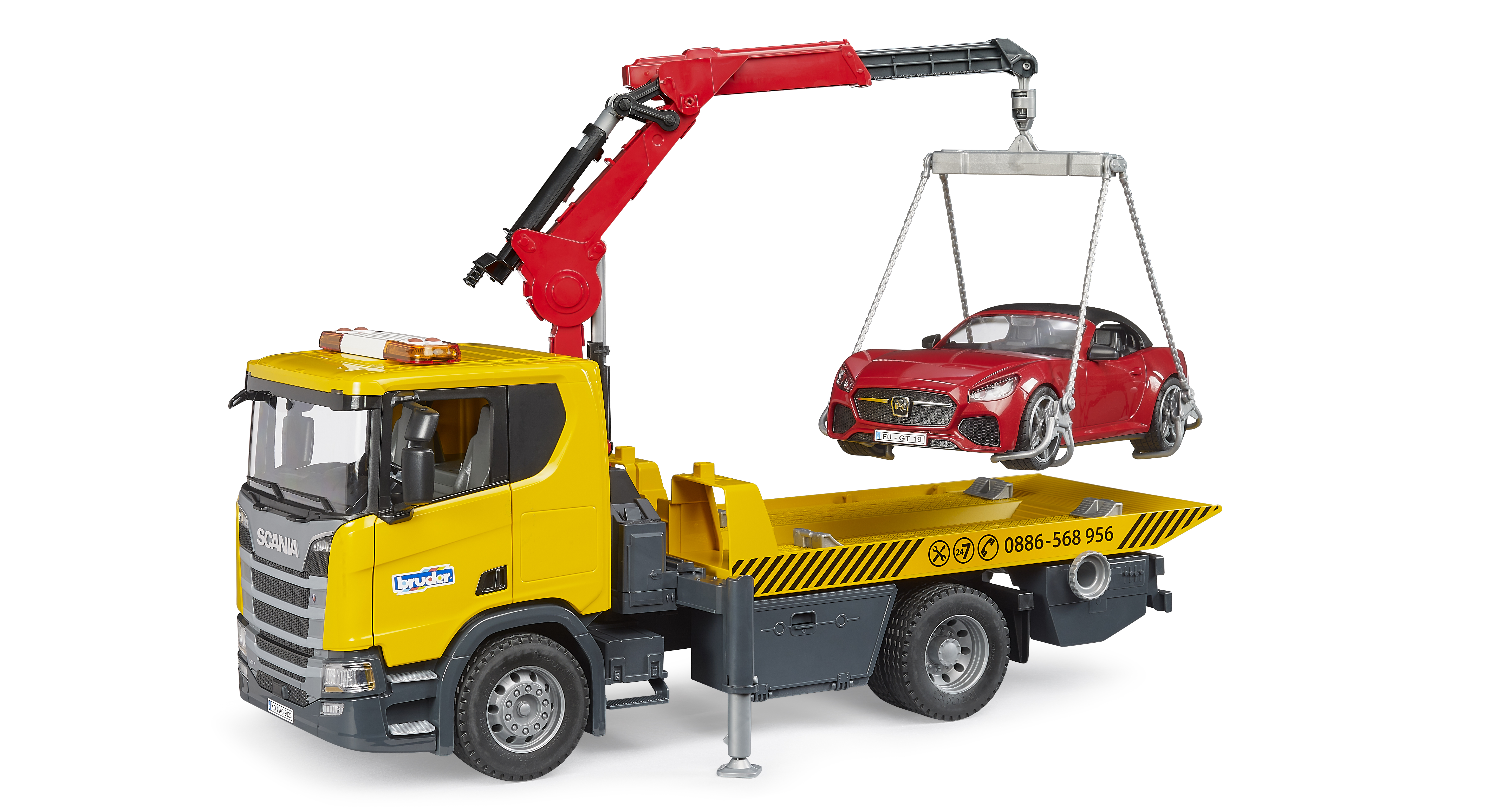Camión-grúa Scania Super 560R con  módulo de luces y sonido y descapotable BRUDER