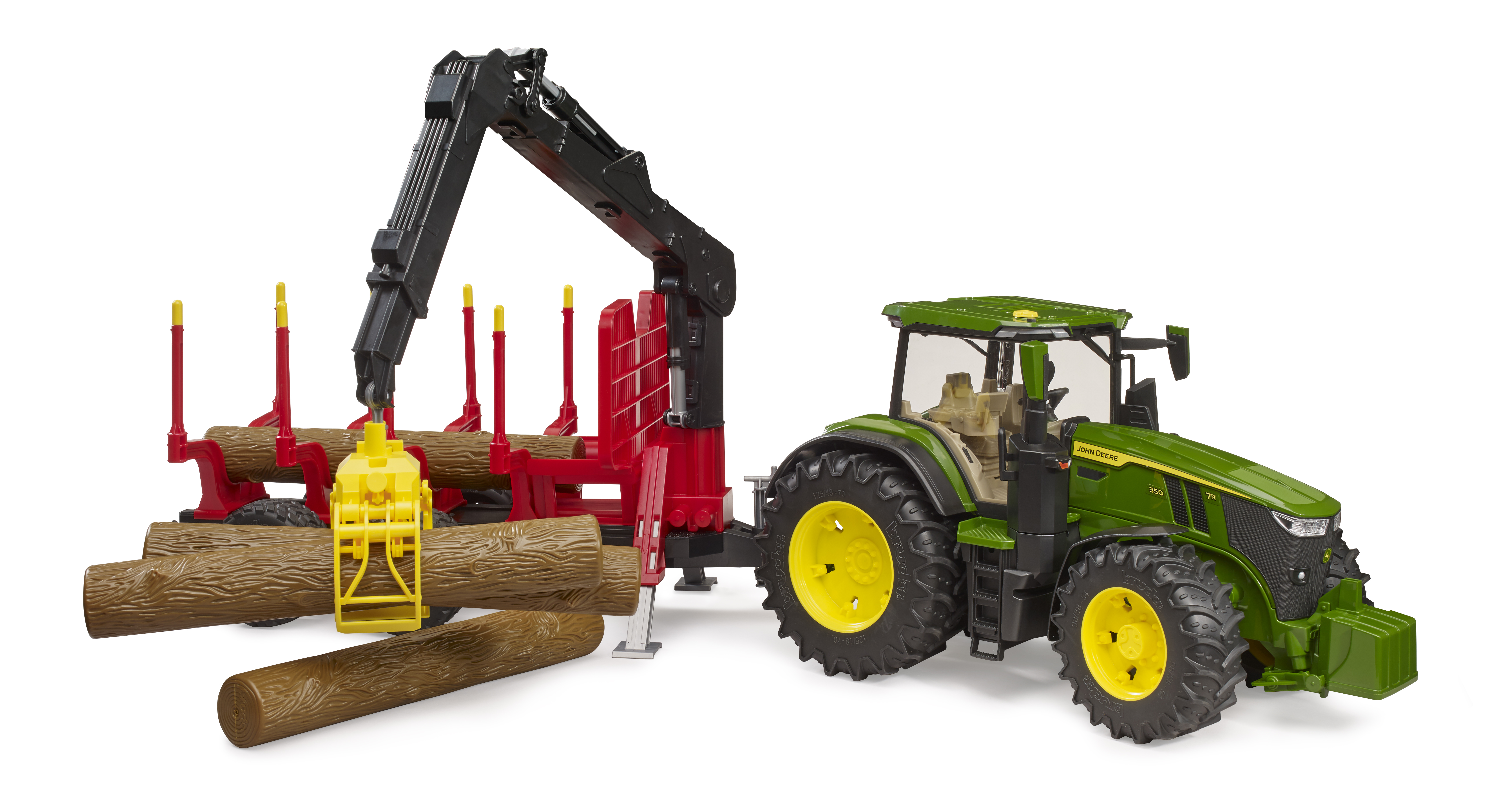 John Deere 7R con rimorchio forestale e 4 tronchi