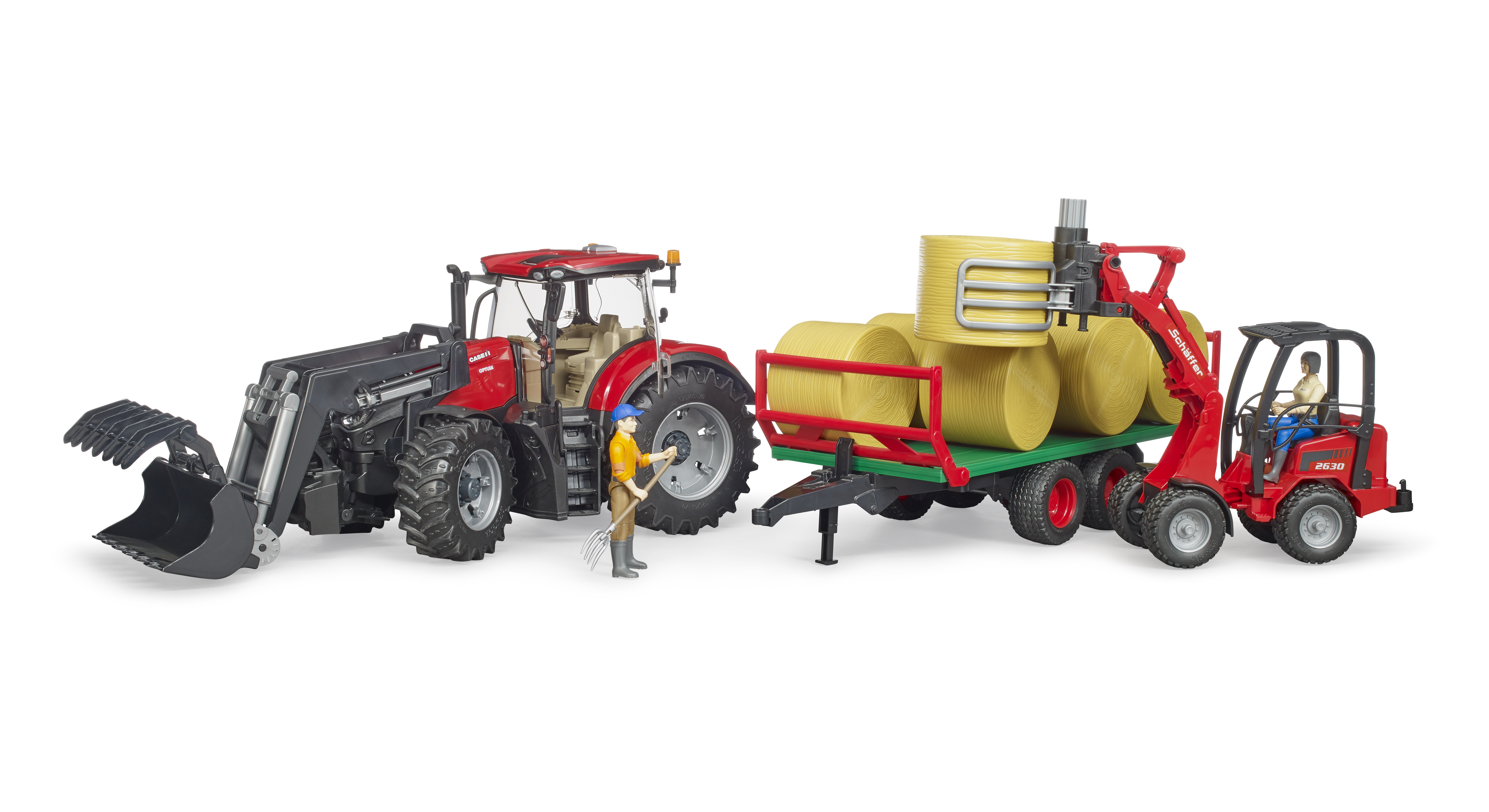 Case IH Optum 300CVX mit Frontlader und Ballentransportanhänger