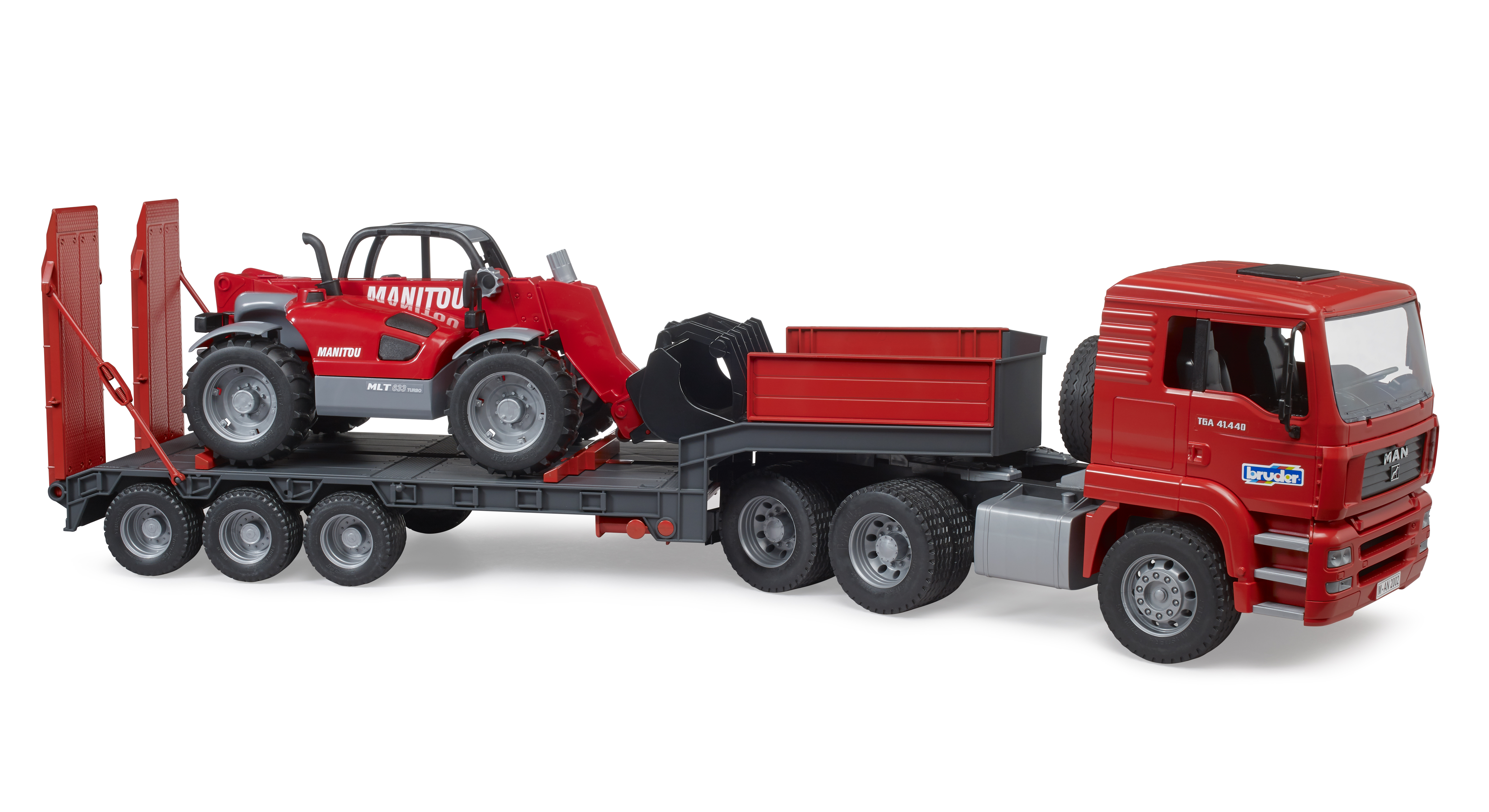 02774_1 Camion MAN TGA con rimorchio a pianale ribassato e caricatore telescopico Manitou