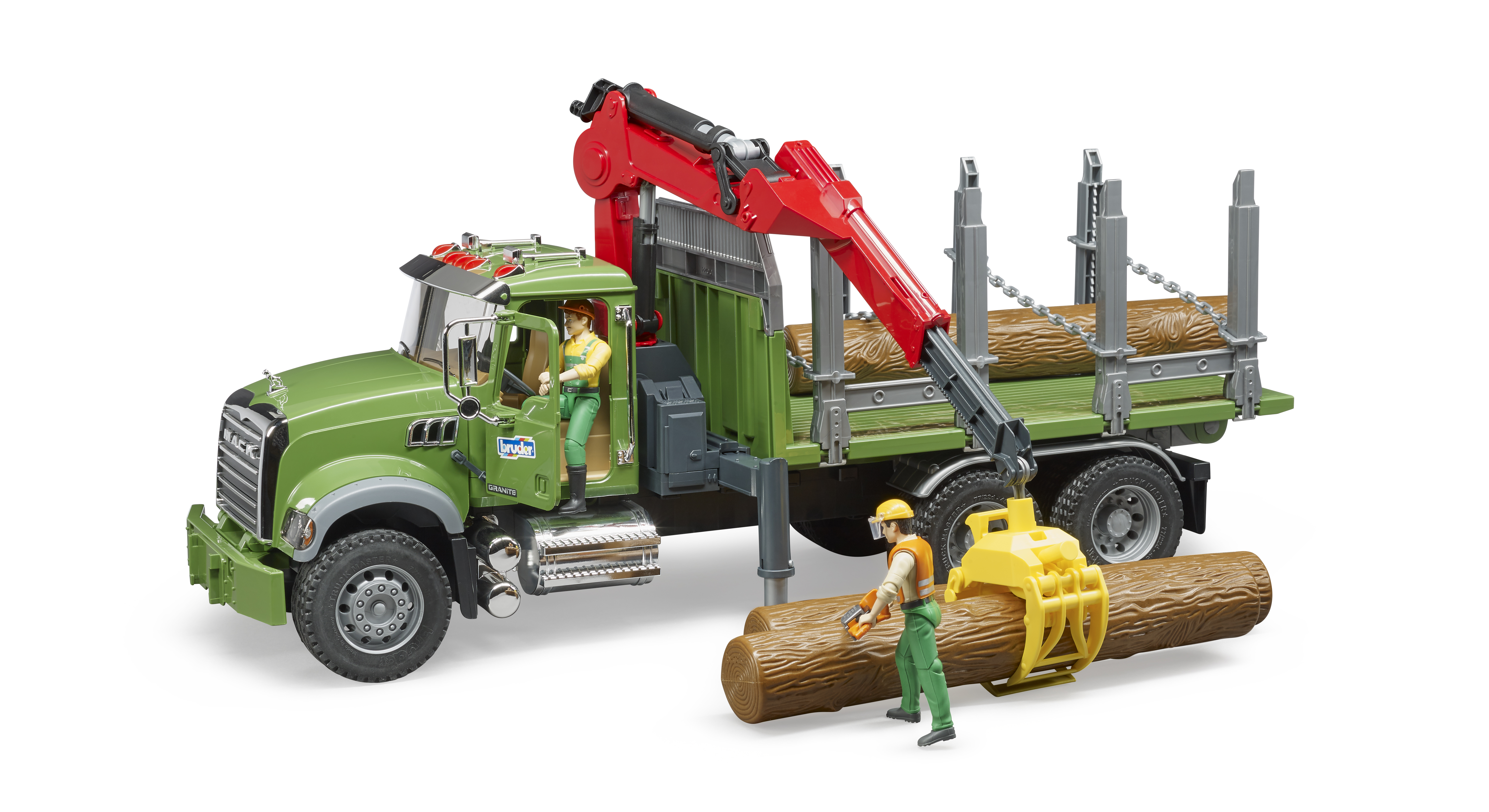 MACK Granite Holztransport-LKW mit Ladekran, Greifer und 3 Baumstämmen MACK Granite Holztransport-LKW mit Ladekran, Greifer und 3 Baumstämmen
