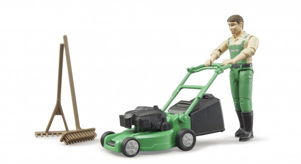 bworld gardener with lawnmower and equipment