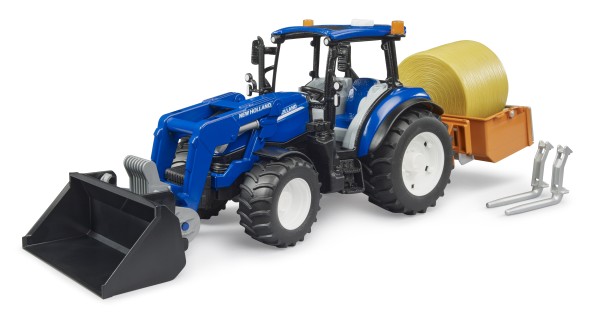 New Holland T5.120 with slip-on frontloader, dump box and forks