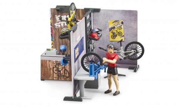 Boutique et atelier de vélos bworld avec figurine et vélos