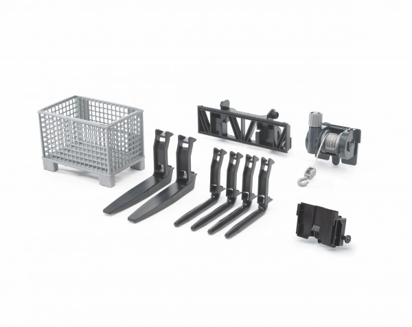Box-type pallet, winch and forks for frontloader