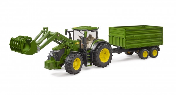 John Deere 7R con caricatrice frontale e rimorchio per trasporto assi tandem