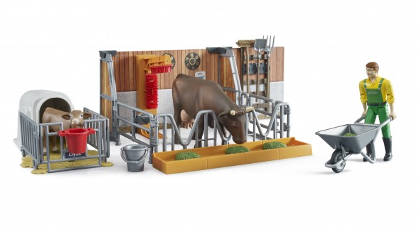 bworld Kuh- und Kälberstall mit Landwirt, Kuh und Kalb